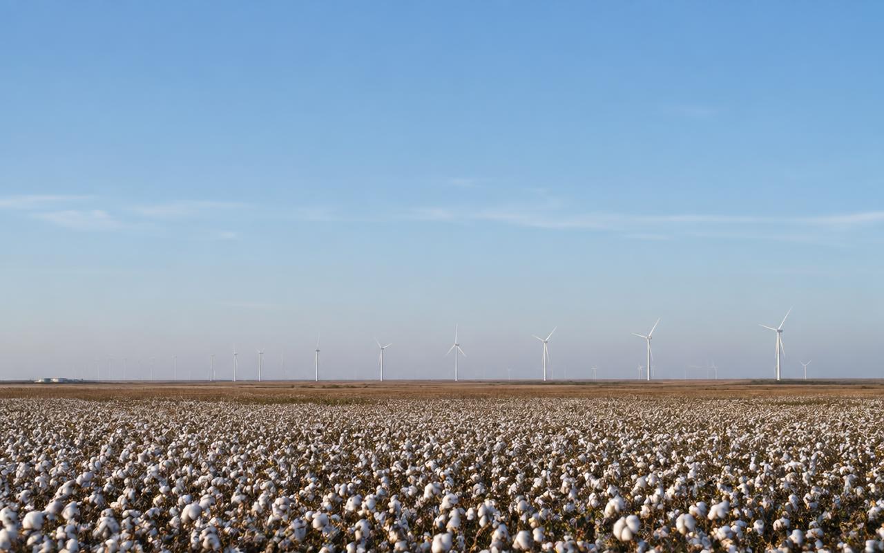 Cotton fields and wind turbines on the flat High Plains horizon near Lubbock
